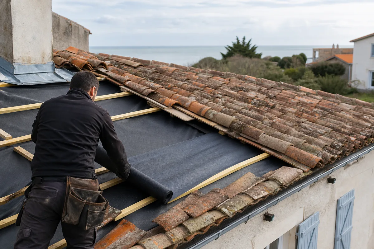 Pose d’un écran sous-toiture sous tuiles canal sur une maison de Charente-Maritime