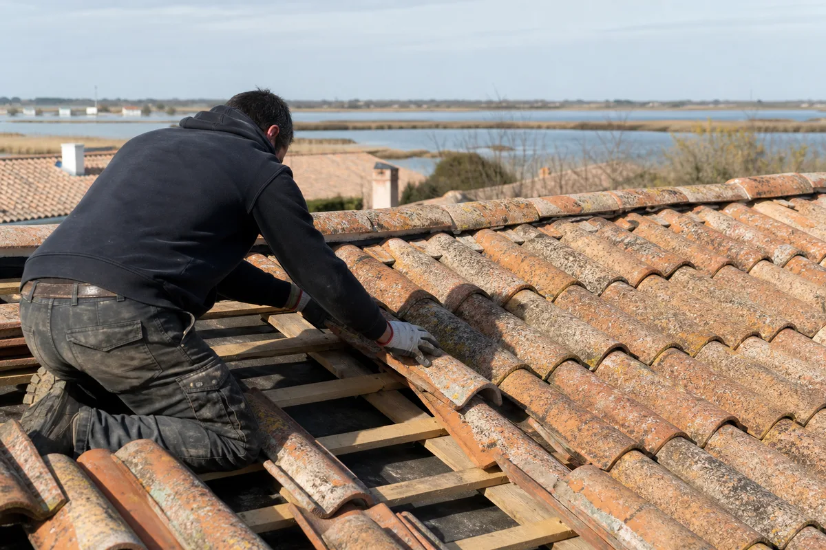 Couvreur remplaçant des tuiles canal sur un toit à faible pente près du bassin de Marennes-Oléron