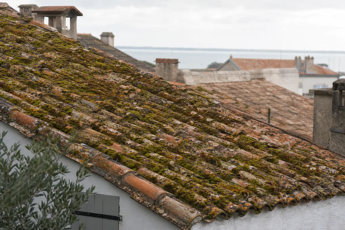Tuiles canal patinées couvertes de mousse sur une maison basse de Rochefort