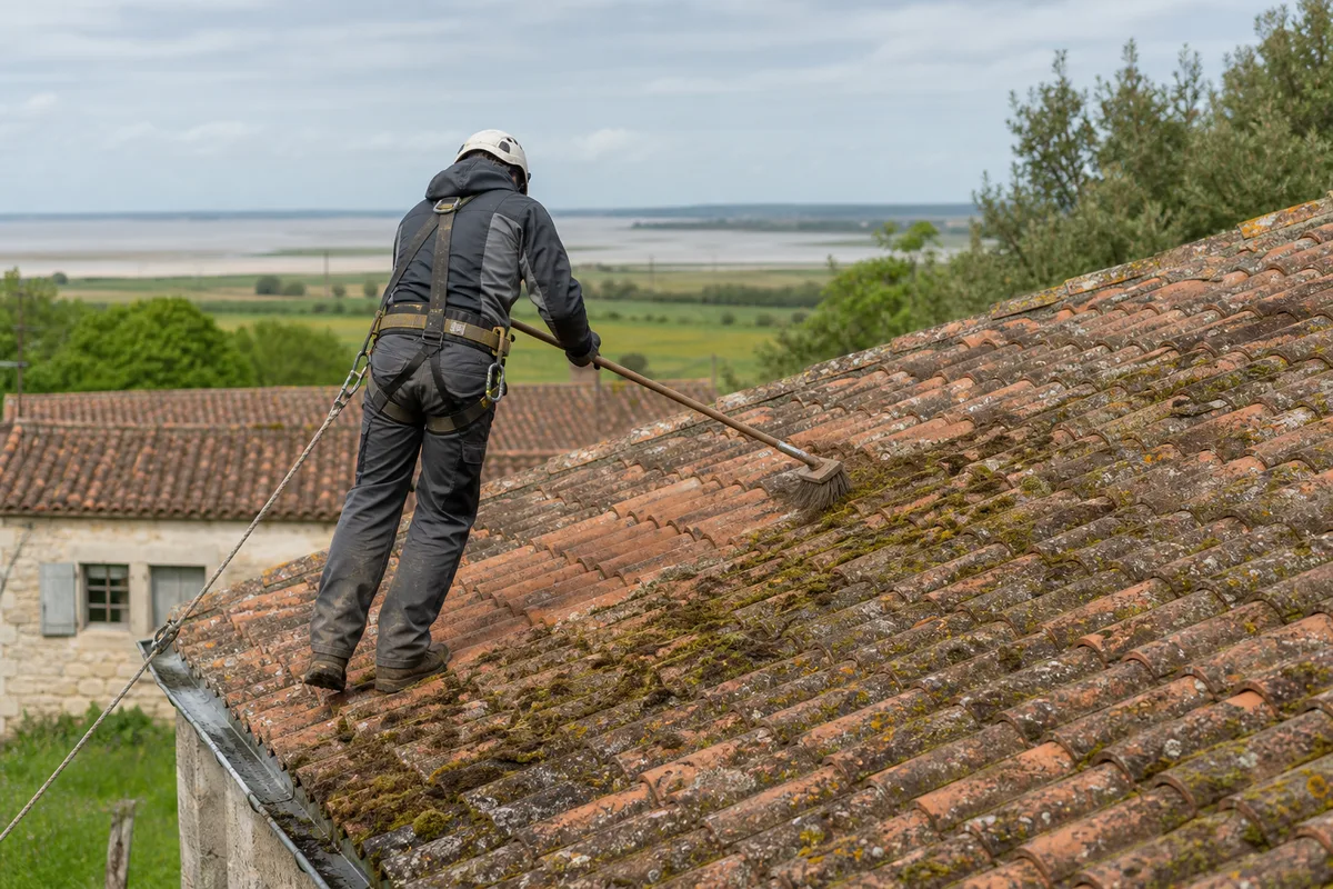 Démoussage à la brosse d’une toiture de ferme saintongeaise près de la Seudre