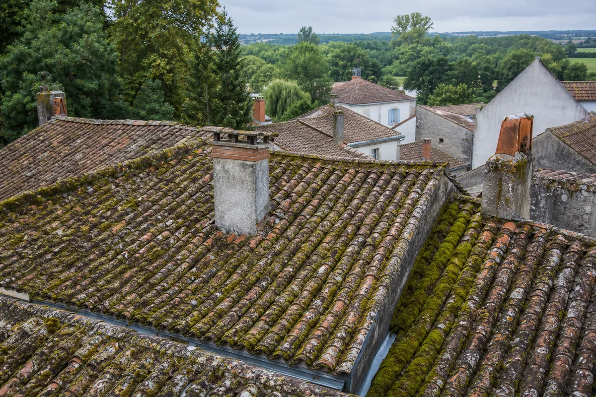 Toits en tuile canal gagnés par la mousse dans la vallée de la Charente à Tonnay-Charente