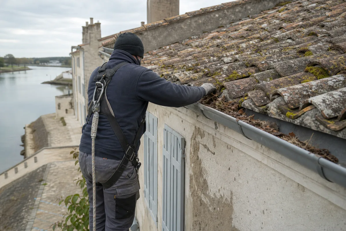 Couvreur nettoyant la gouttière d’une maison ancienne près des quais de la Charente