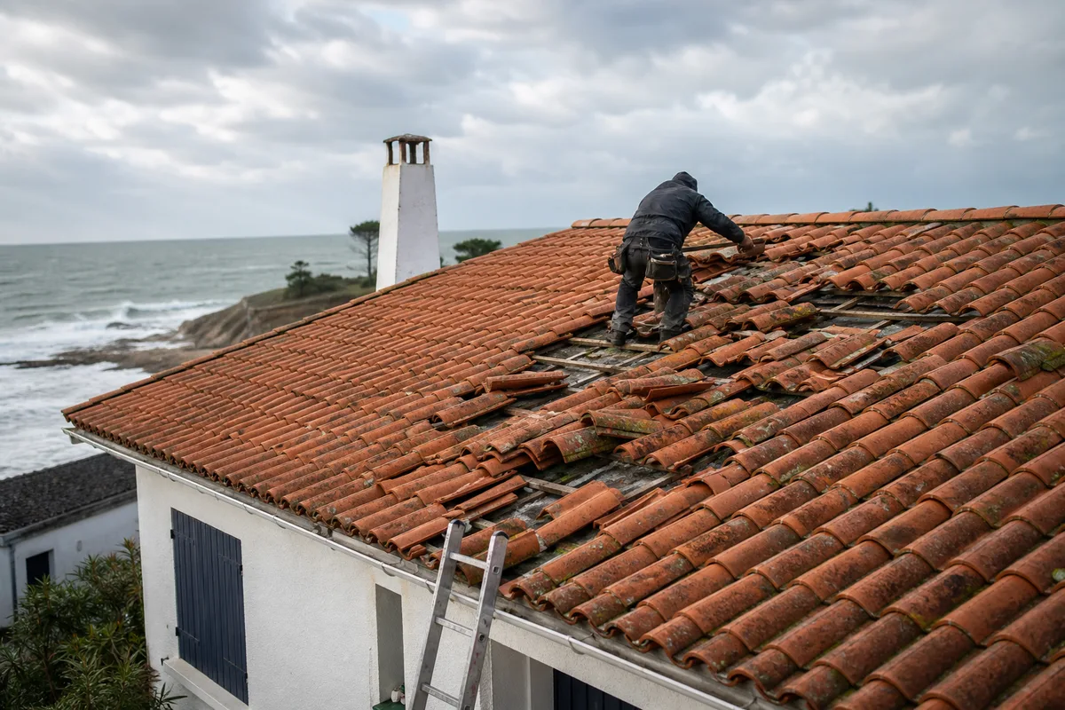 Contrôle de tuiles déplacées sur une villa de Ronce-les-Bains après une tempête