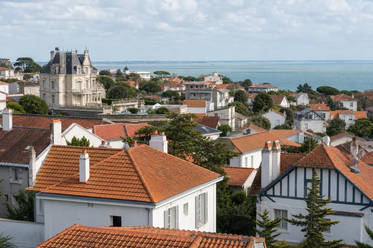 Toits du pays royannais mêlant villas anciennes et pavillons en tuile mécanique