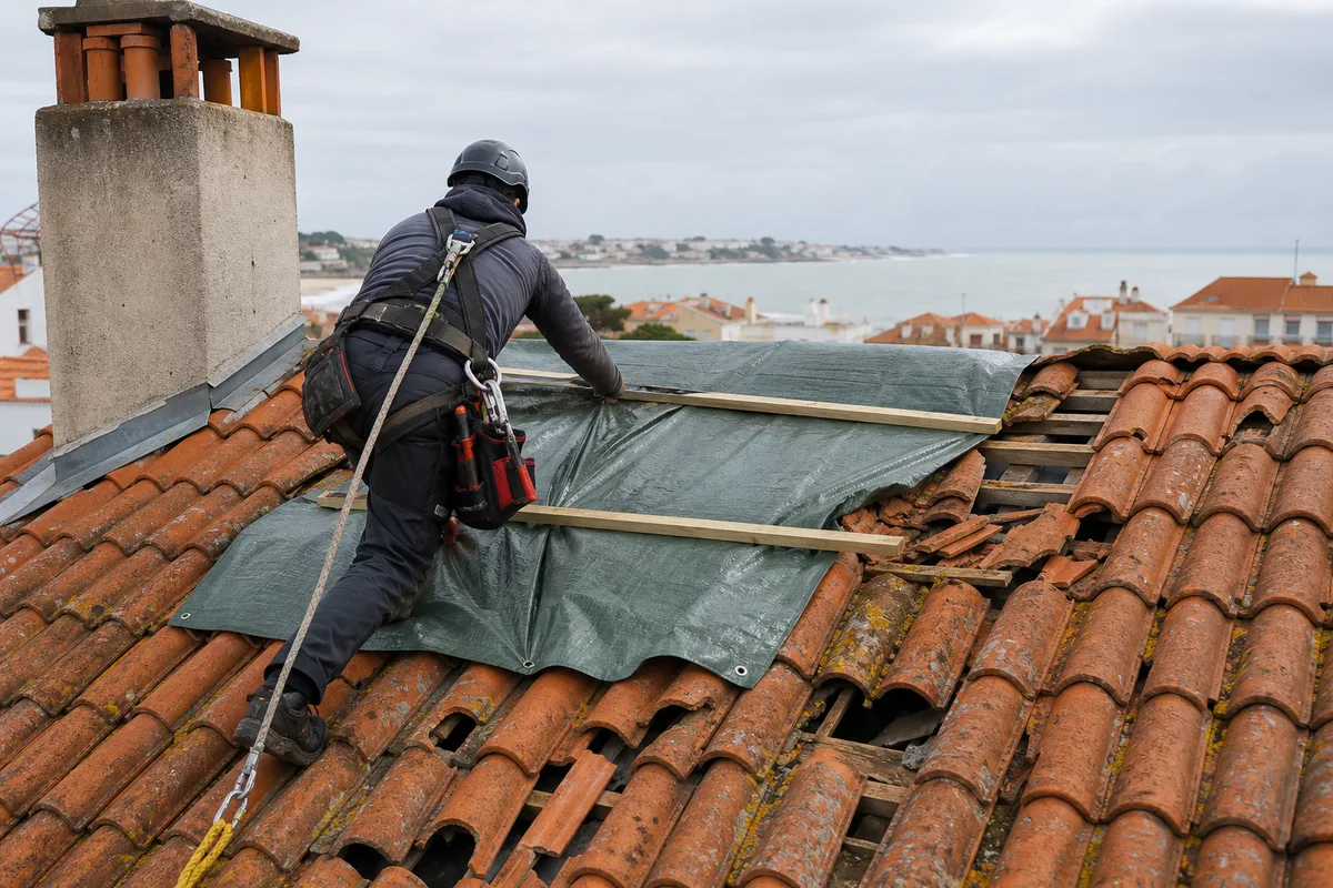 Couvreur sécurisant une toiture de tuiles endommagée après un coup de vent à Royan