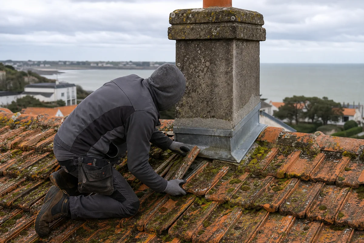 Artisan inspectant des tuiles moussues près d’une cheminée pour localiser une fuite